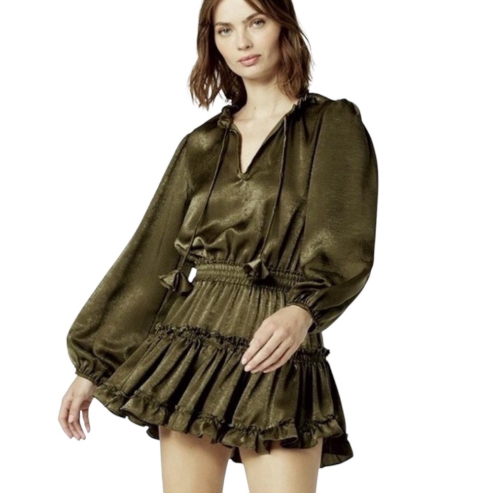 MISA Lorena Olive Green Satin Tie Neck Ruffle Puff Sleeve Tiered Mini Dress - XS